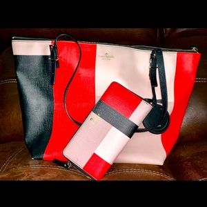 Nice Used Kate Spade Apple Multi Emma Lane Fabric Maya Tote w/Matching Wallet